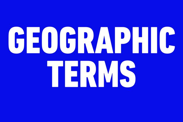 Text reads "GEOGRAPHIC TERMS" in bold white font against a solid blue background.