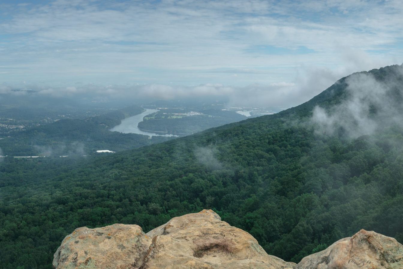 Rocky cliff overlooks lush green forest with river winding through valley beneath cloudy sky.