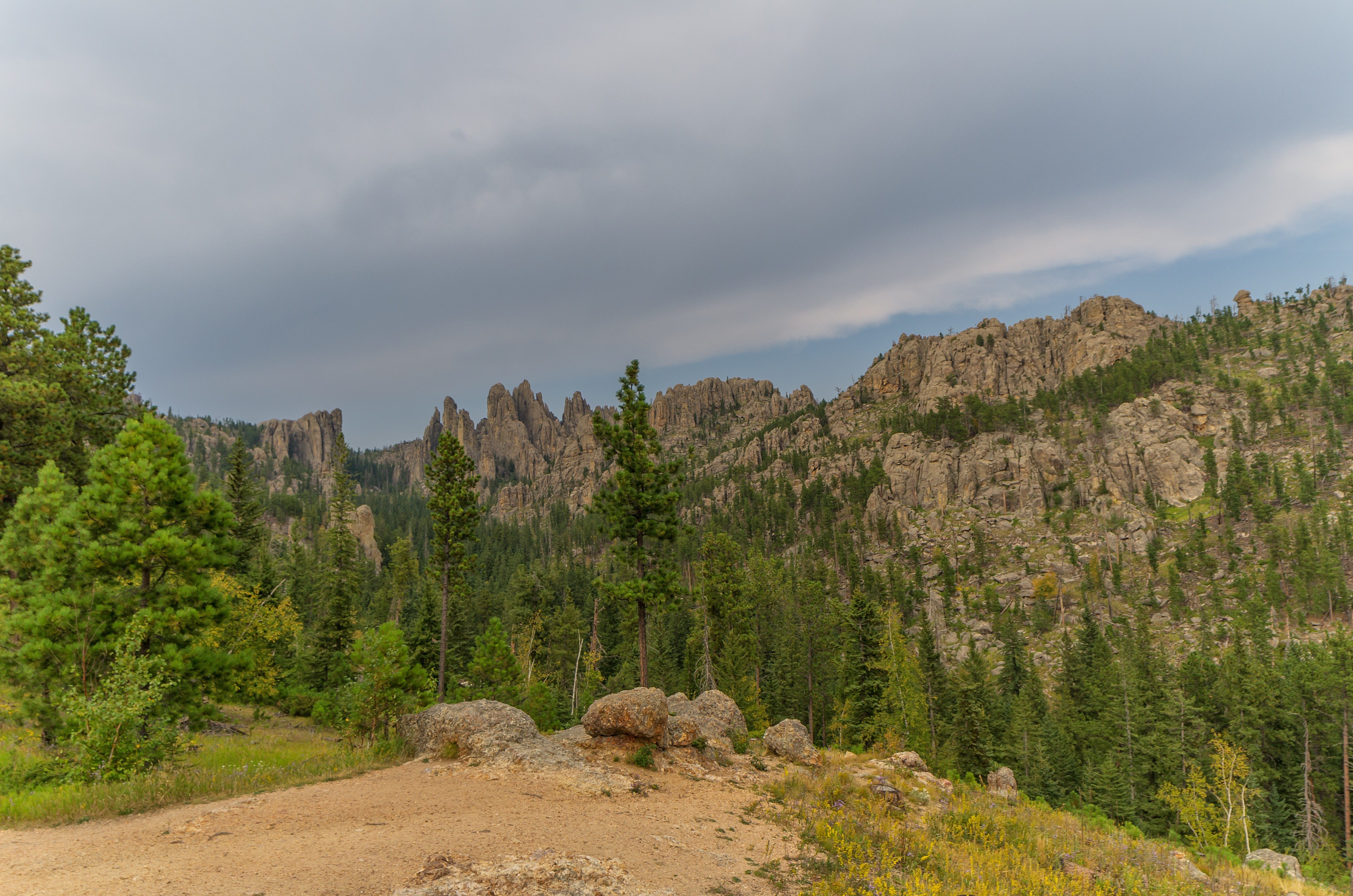 Jagged rock formations rise above a forested landscape under a cloudy sky, surrounded by dense evergreen trees and rugged terrain.