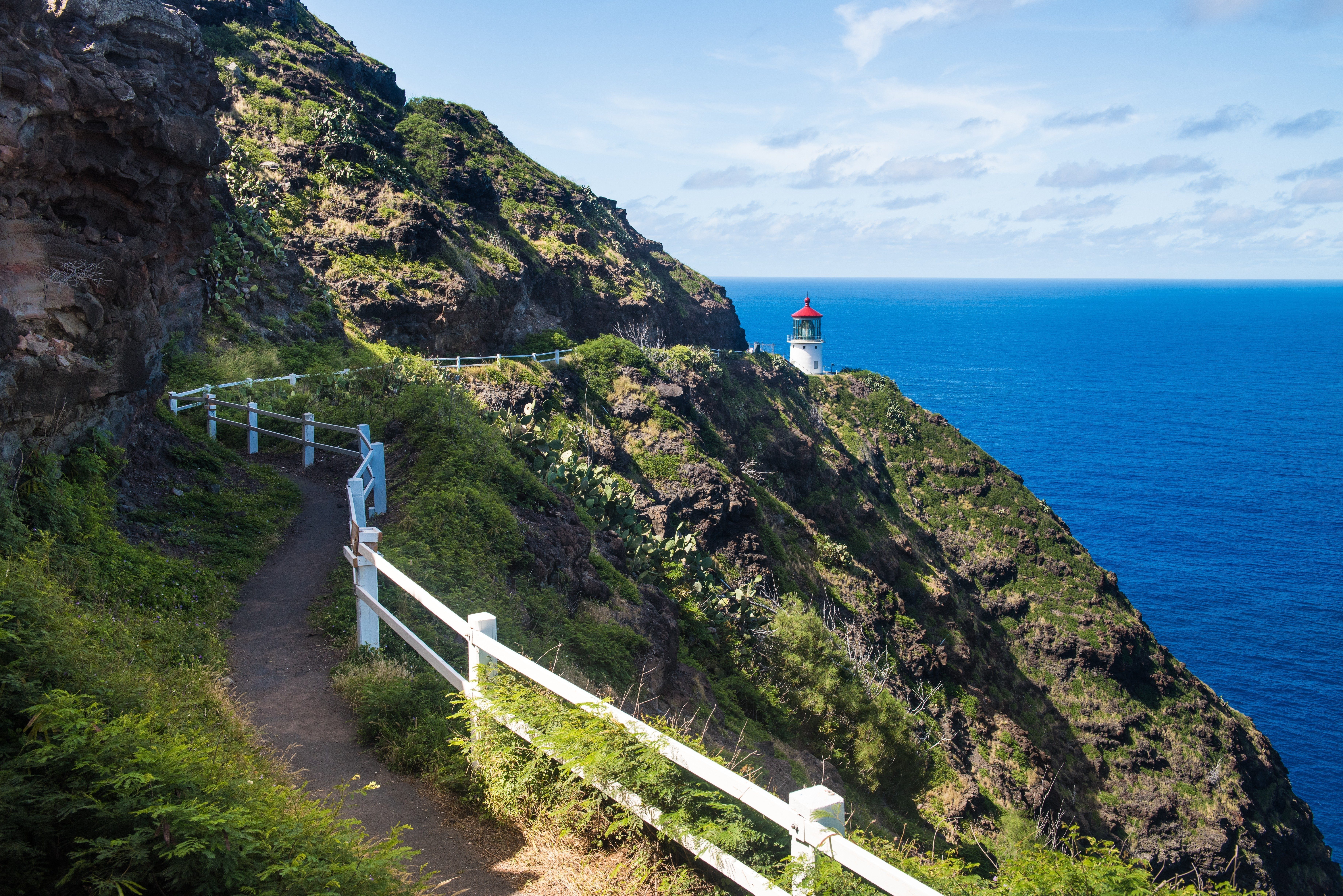 Lighthouse stands atop a rugged cliff overlooking a vibrant blue ocean, with a narrow path and white railing winding through lush greenery.