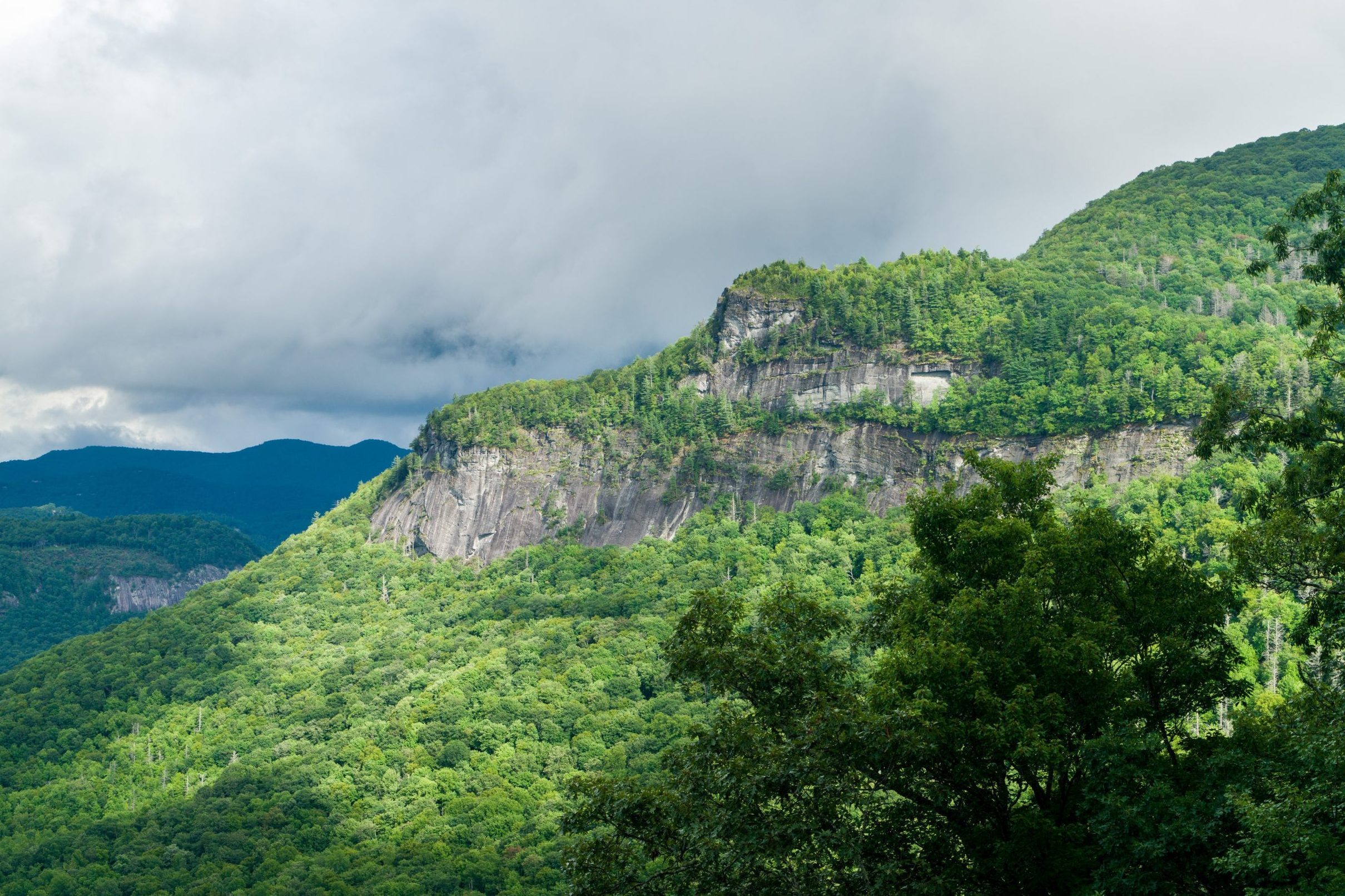 View from the roadside to the summit of Whiteside Mountain near Highlands and Cashiers in North Carolina
