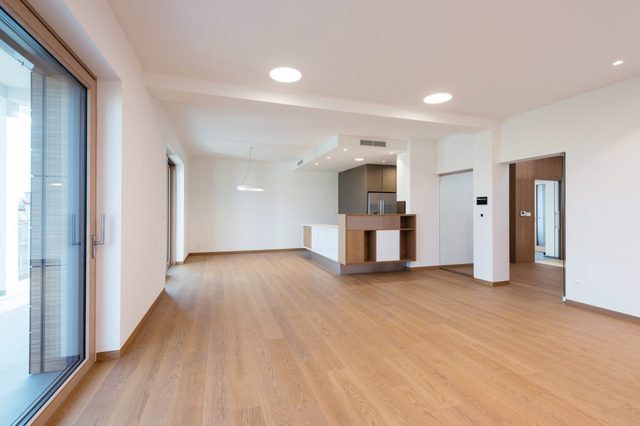 Spacious, modern living area featuring wooden floors and a sleek kitchen, illuminated by recessed lighting; large windows offer ample natural light.