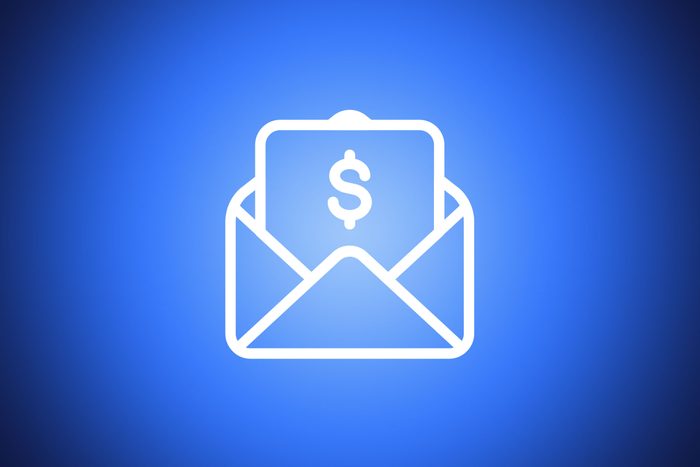 icon of envelope with a dollar sign coming out on blue background