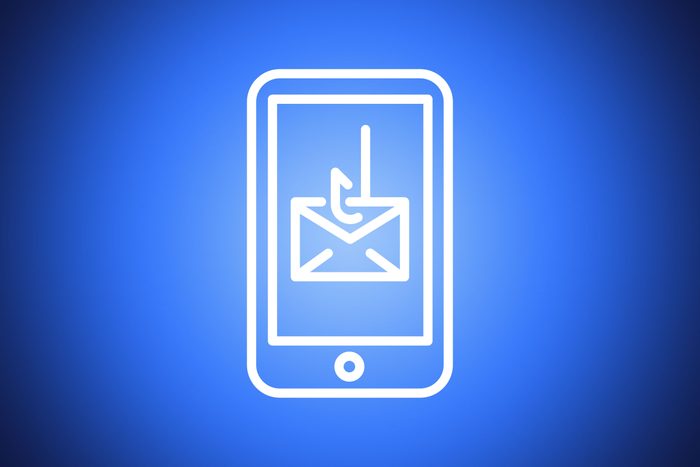 icon of smartphone with fishing hook through an envelope on blue background