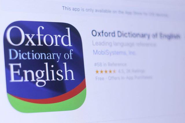 App icon displays "Oxford Dictionary of English" with a blue background. App store listing shows ratings, and details by MobiSystems, Inc.