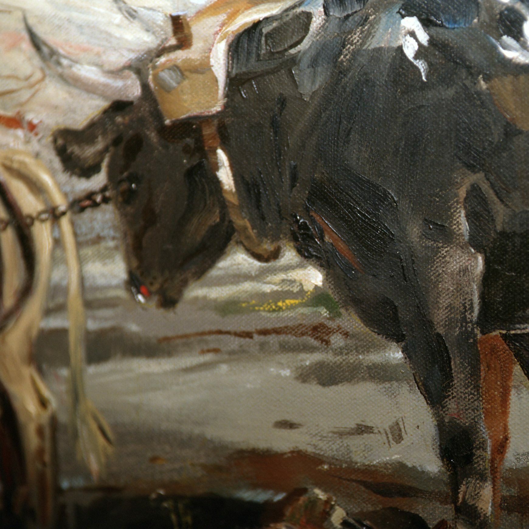 An ox pulls a cart, its painted form detailed with rich brushstrokes, set against a muted, earthy background.