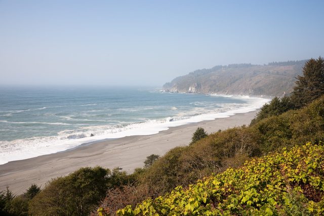 Waves crash gently on a wide sandy beach, framed by dense green foliage and distant cliffs under a clear blue sky.