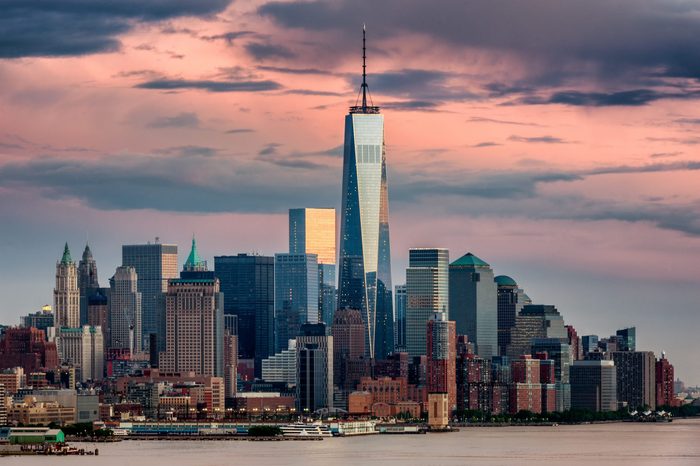 Lower Manhattan and One World Trade Center in New York City, USA as seen from Weehawken New Jersey