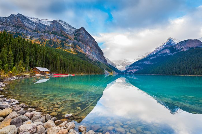 Beautiful autumn views of iconic Lake Louise in Banff National Park in the Rocky Mountains of Alberta Canada