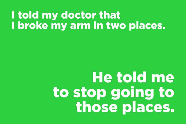 Text displayed humorously describes a doctor's advice on a bright green background.