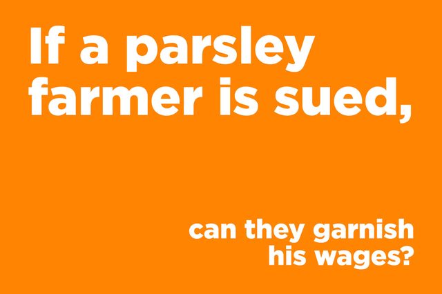 Text poses question about suing a parsley farmer and garnishing wages, set on an orange background.