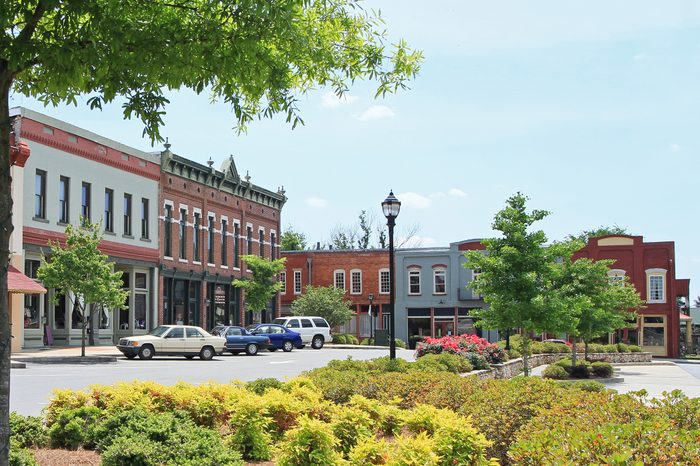 Adairsville, Georgia in the Northwest Georgia mountains. Population approximately 4600 about an hour North of Atlanta. Their small town square business center on an early morning.