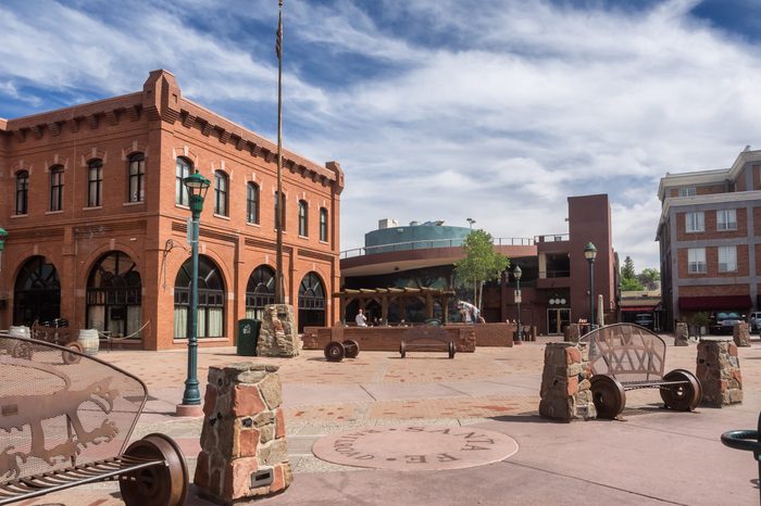 Flagstaff main square with pueblo house in Arizona