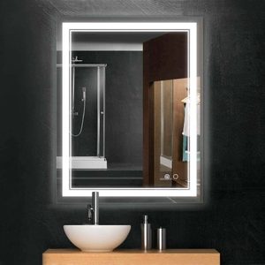 Illuminated mirror reflects a modern bathroom with a glass-enclosed shower. A round sink and two bottles rest on a wooden countertop.