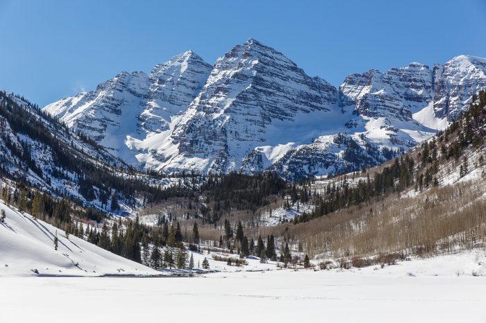 Maroon Bells in Winter, Aspen Colorado on a Bluebird Sky Day