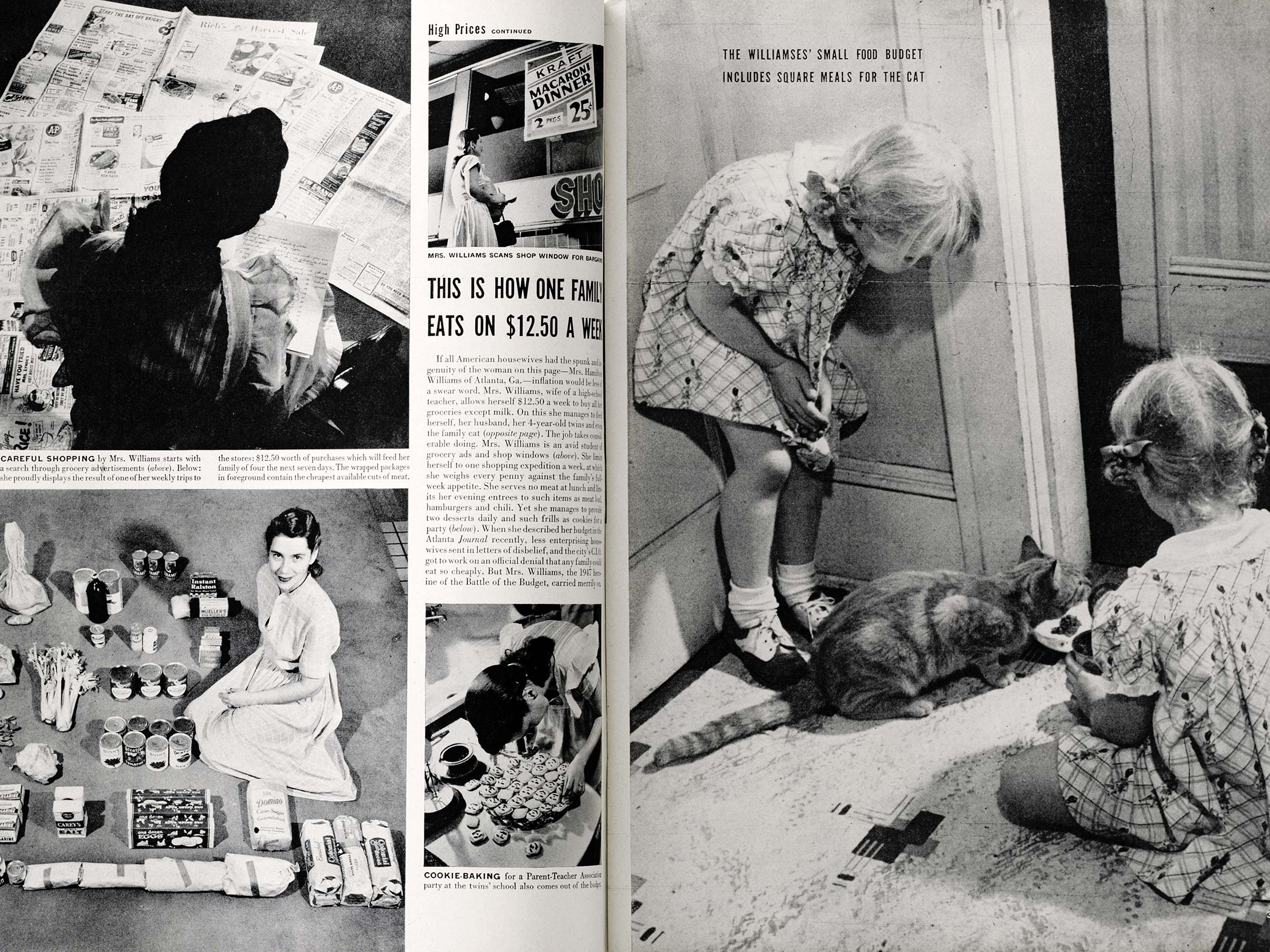 Woman examines coupons, surrounded by grocery items on floor. Child feeds cat in home. Article describes family living on $12.50 weekly budget.