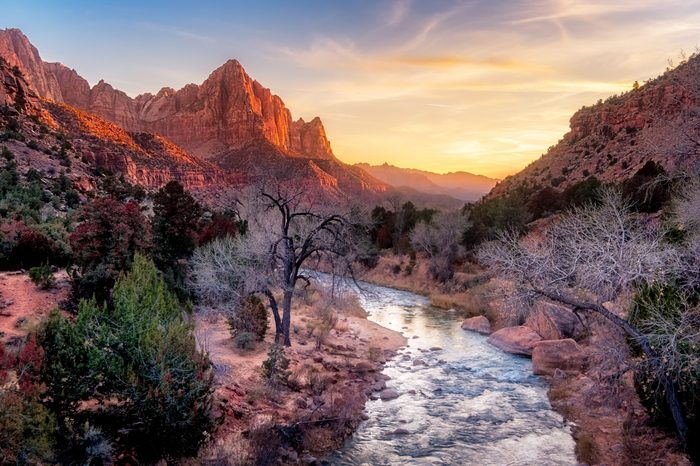 Zion national park late autumn landscape view with Watchman peak, Utah, USA