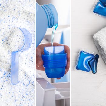 Powder detergent in scoop, liquid detergent pouring into cap, and blue pods near folded white towel on white surface.