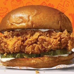 A crispy fried chicken sandwich sits on a wrapper, featuring pickles and mayonnaise, with an orange background covered in illustrated text and graphics.