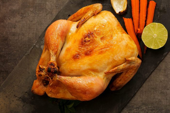 Roasted whole chicken overhead view