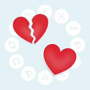 Two red hearts, one broken, against a background of astrological symbols in white circles on a light blue backdrop.
