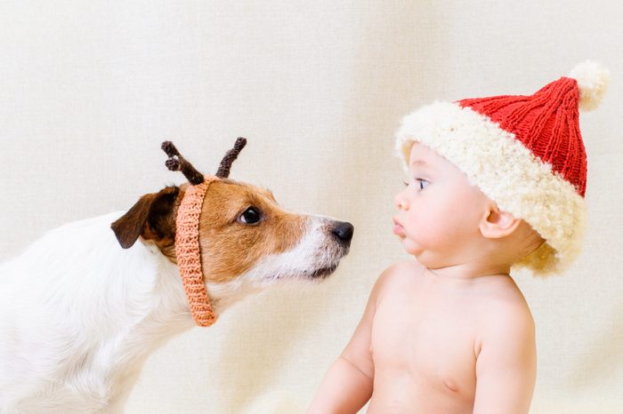 Amusing Santa Claus meets funny reindeer. Concept for 2018 year of Yellow Earth Dog
