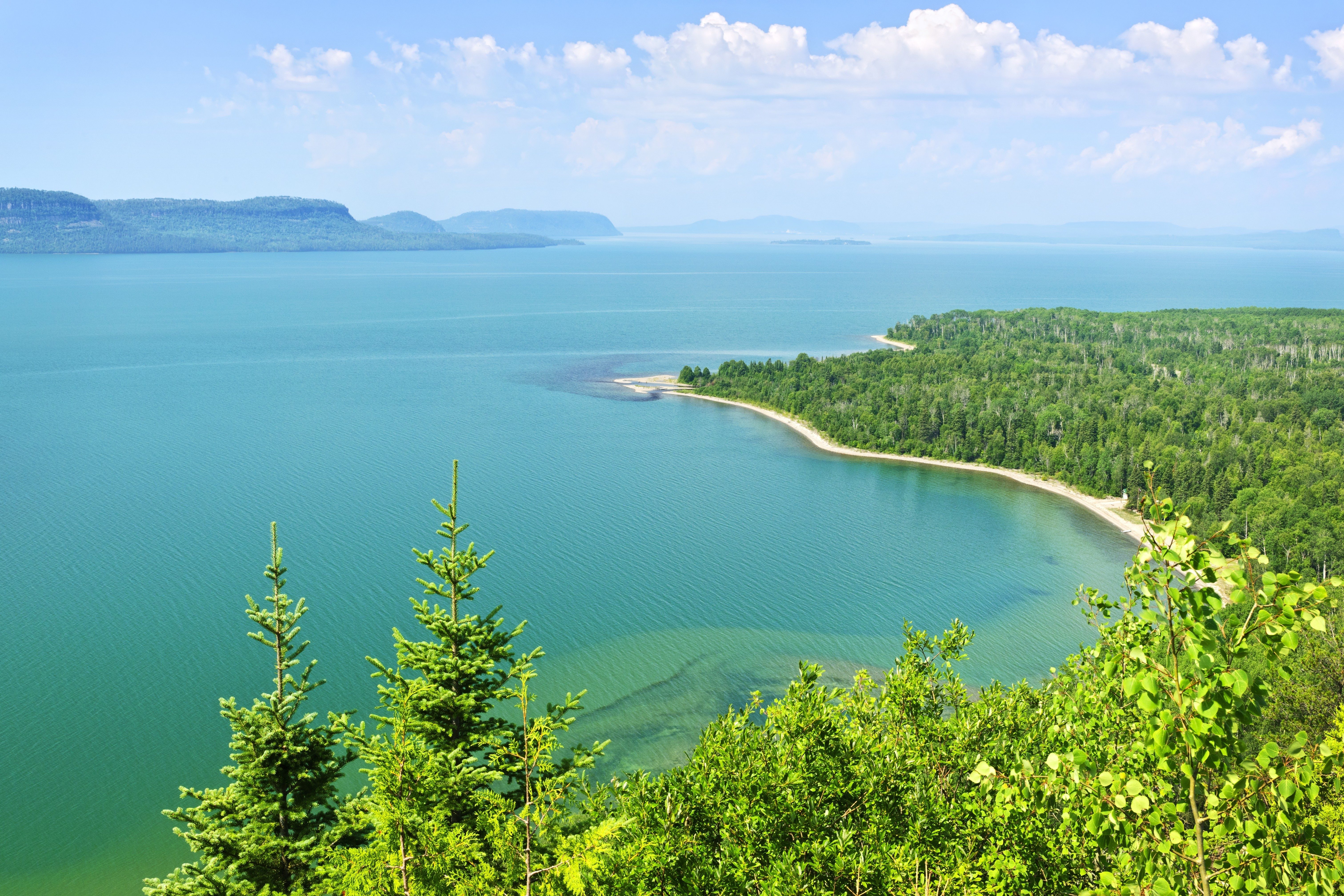 Lush trees overlook a turquoise lake, curving along a forested shoreline with distant rolling hills under a bright, partly cloudy sky.