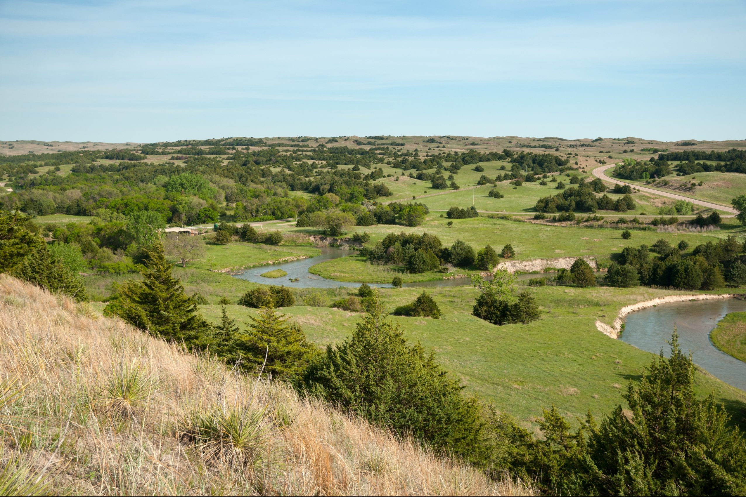 A river winds through rolling green hills dotted with trees, under a clear blue sky, creating a serene natural landscape.