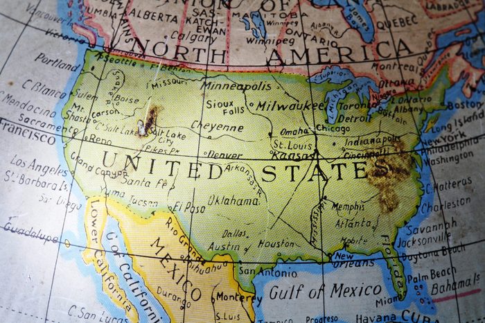 United States on an old and worn toy globe