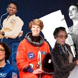 Five women featured in astronaut attire or working, highlighted against a starry background. Text: 