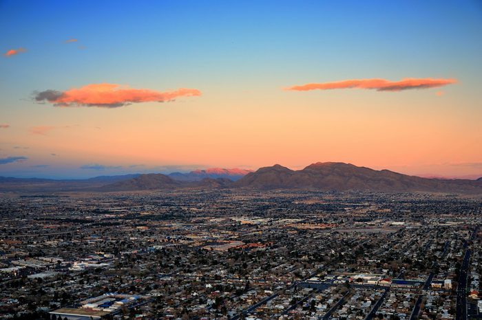 Las Vegas city aerial view panorama sunset with mountain