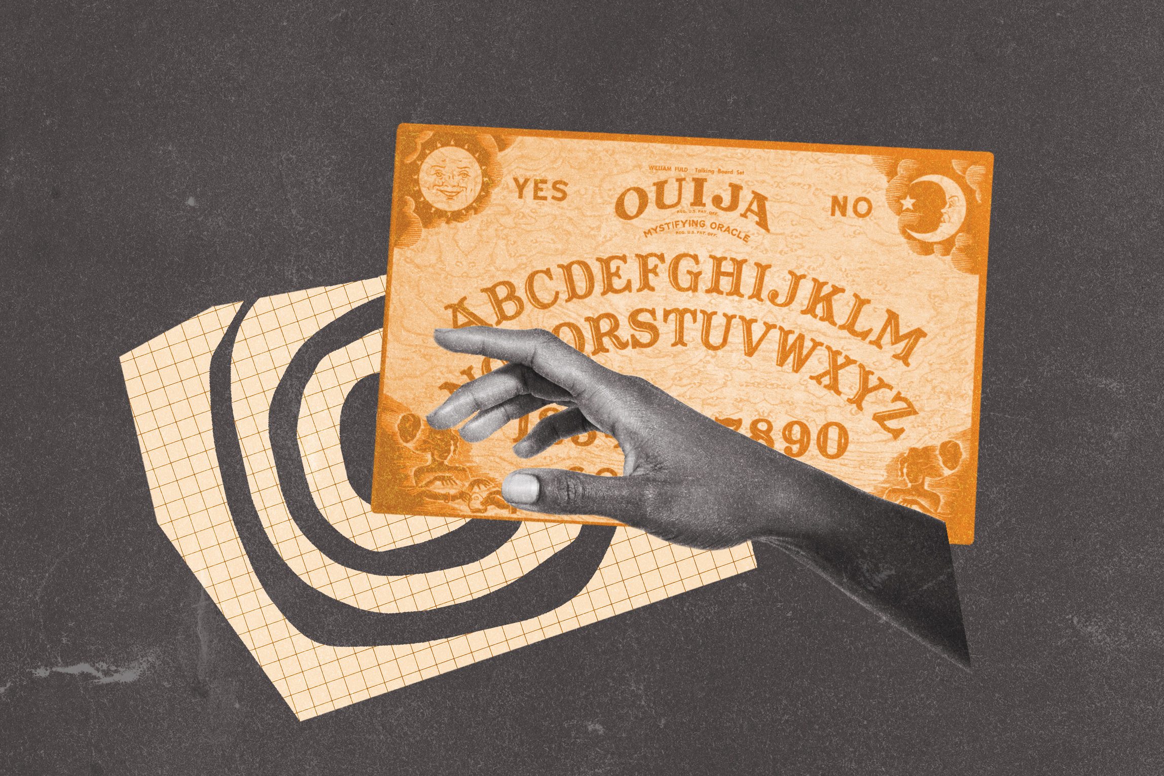 A hand holds a vintage Ouija board displaying letters and numbers, over a patterned grid design on a dark background.
