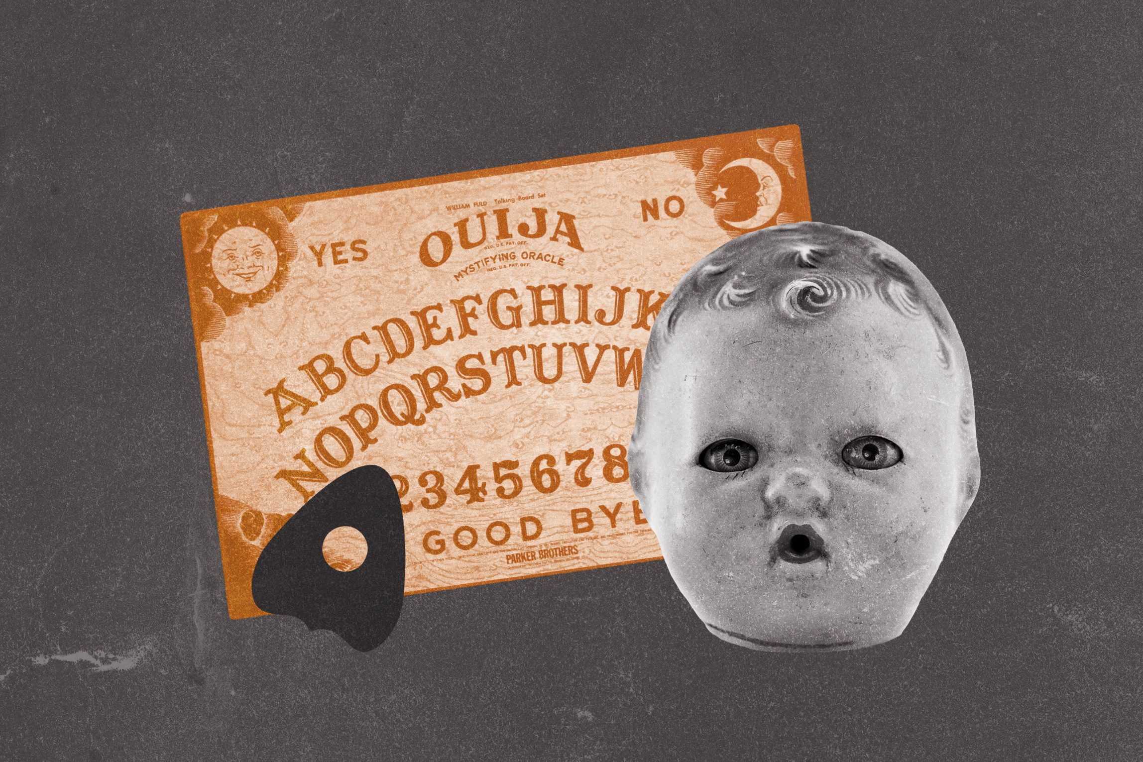 A doll's head lies beside a Ouija board with letters, numbers, and "GOOD BYE" in a dark setting.