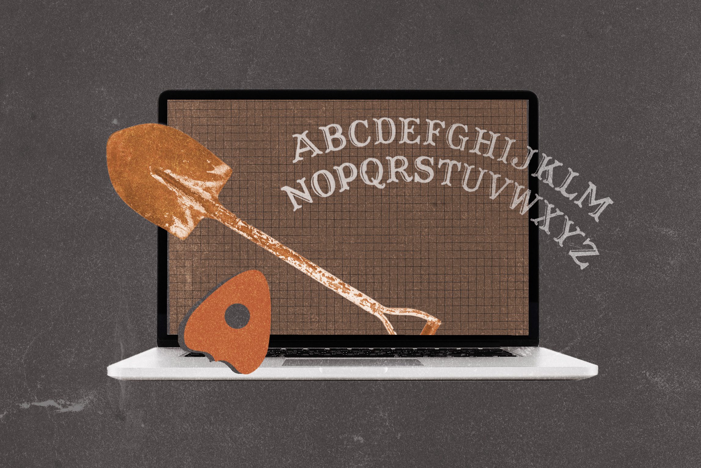 Ouija board letters collaged with planchette, laptop and shovel