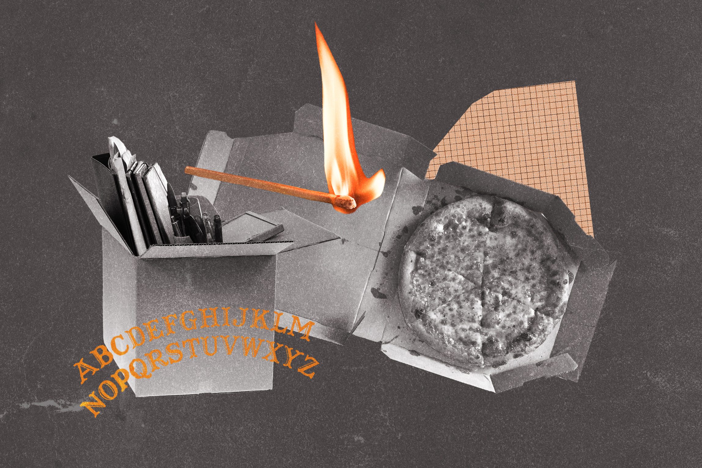 A lit matchstick burns atop a pizza box. Nearby, a cardboard box holds books and stationery. Alphabet letters curve across the gray background.