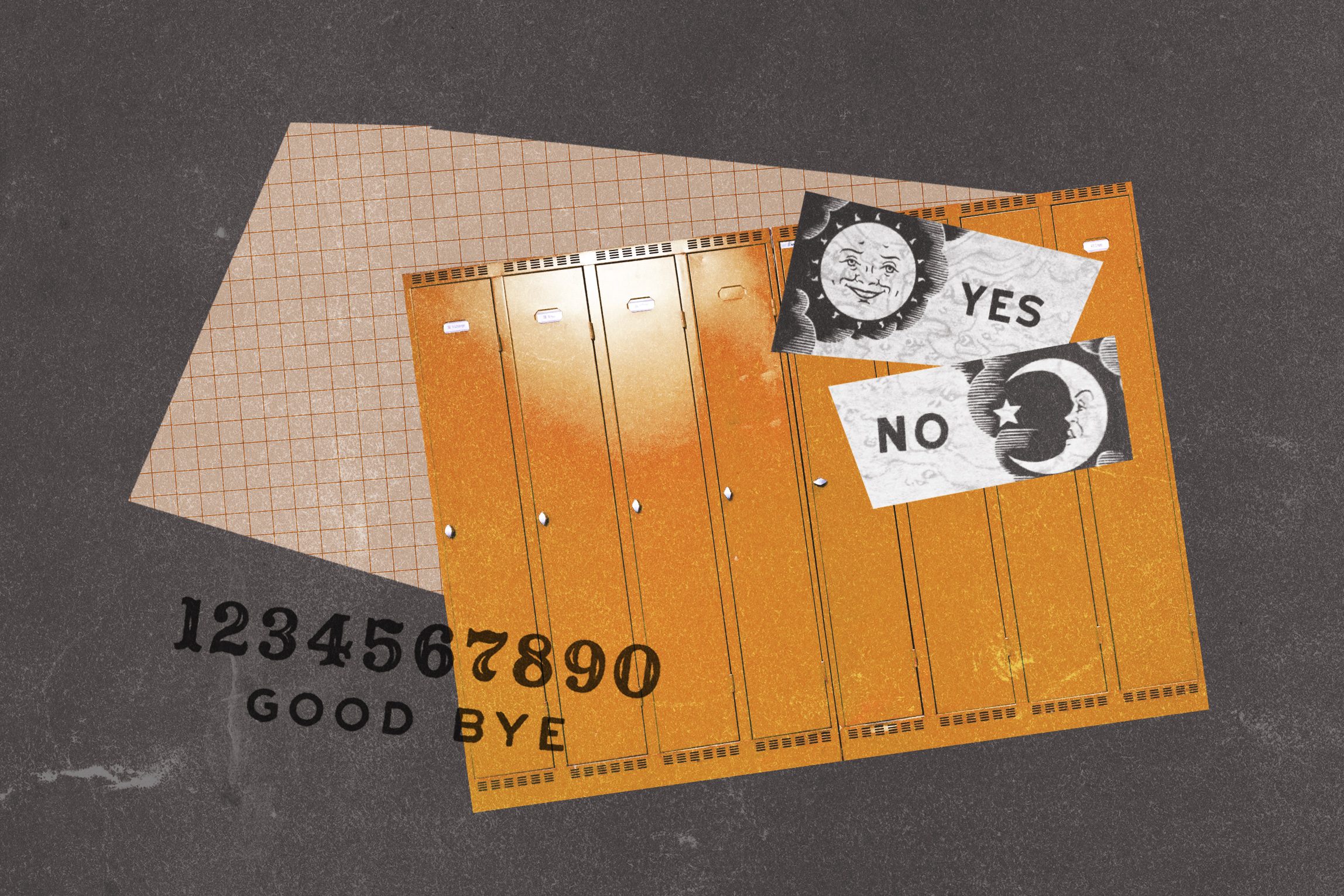 Lockers stand upright against a grid-patterned wall; sun and moon images labeled "YES," "NO." Numbers 1-9, 0 and "GOOD BYE" below.