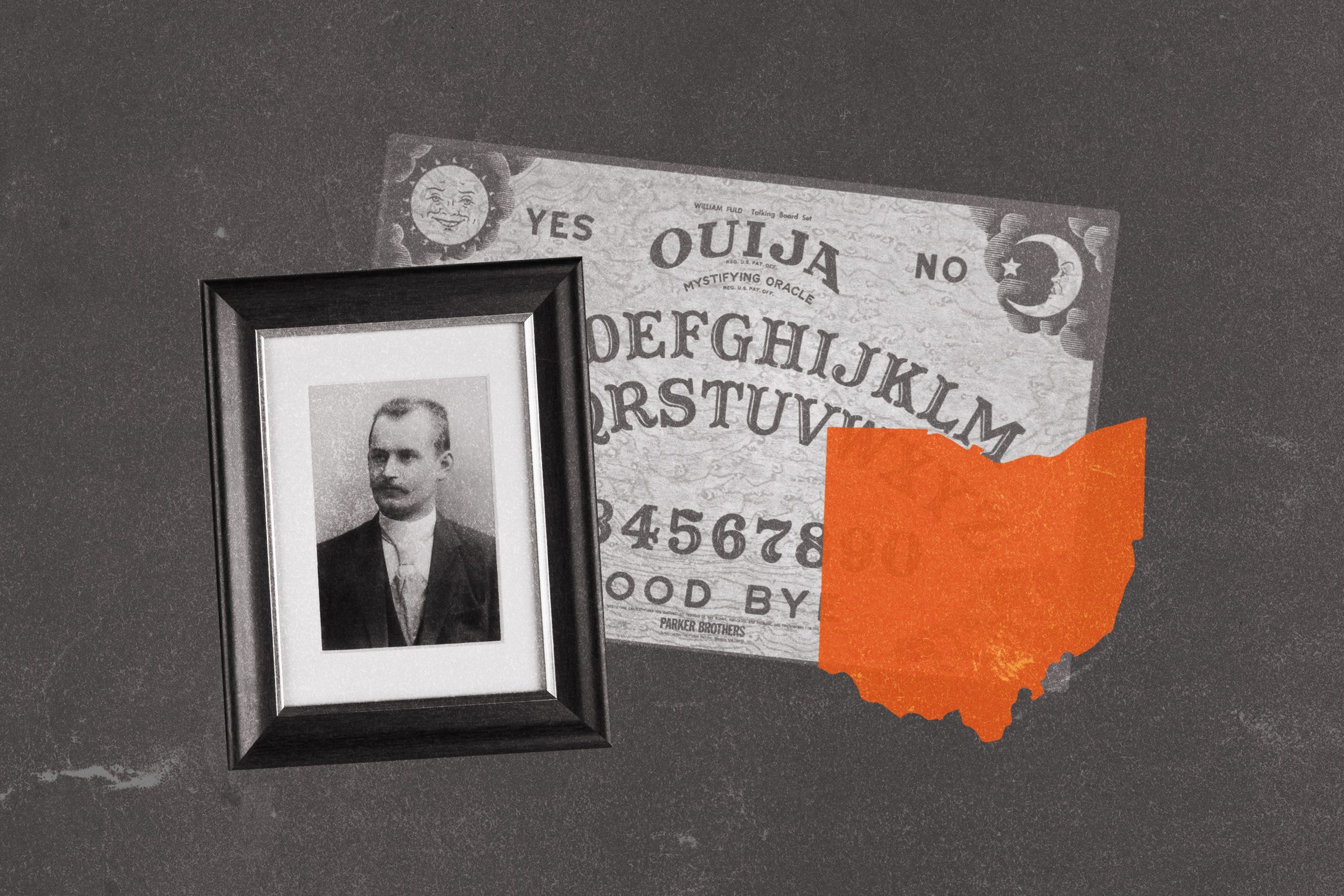 Framed black-and-white portrait sits on a Ouija board background, alongside an orange silhouette of Ohio.