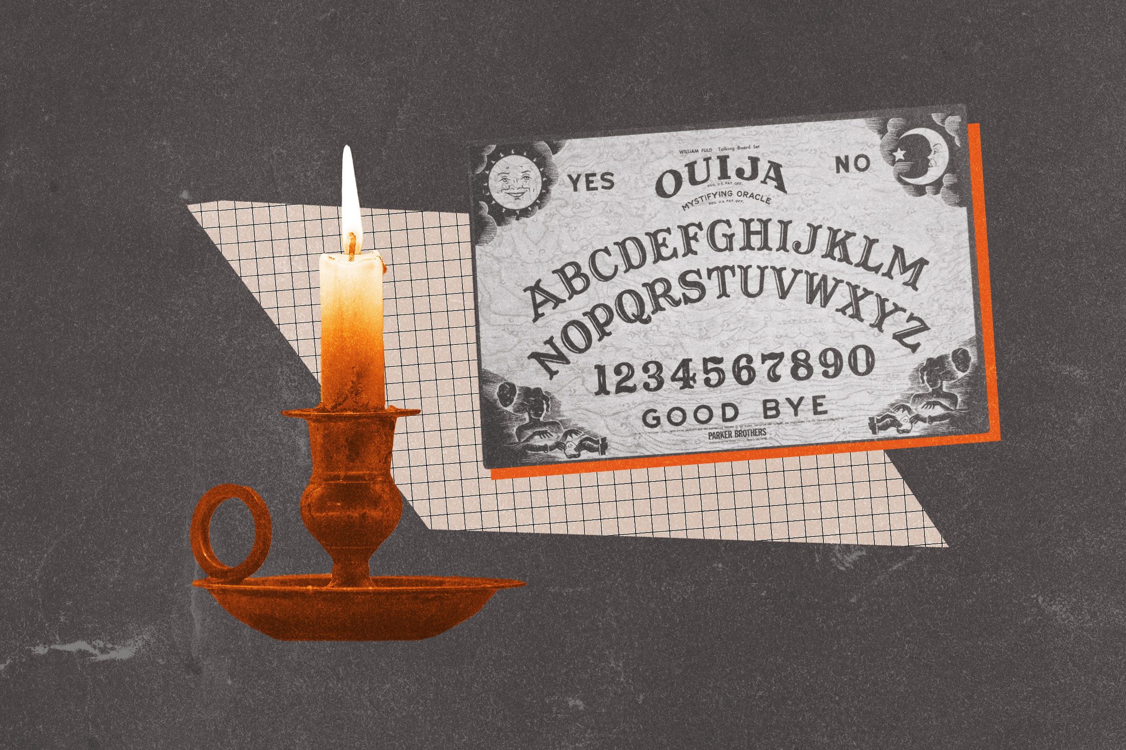 Candle stands unlit beside a Ouija board on a grid-patterned background.