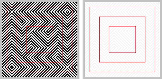 Optical illusion - red squares look distorted - with explanation on the right