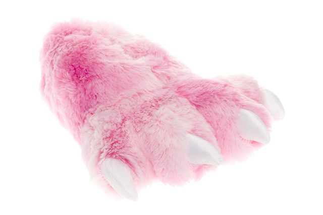 A fluffy, pink paw-shaped slipper with white claws rests on a white background.
