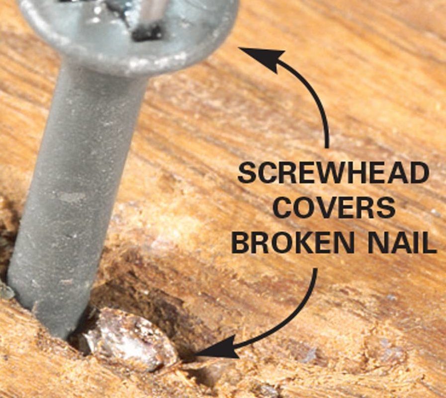 A screwhead is positioned vertically, covering a broken nail embedded in a textured wooden surface. Text reads: "SCREWHEAD COVERS BROKEN NAIL."