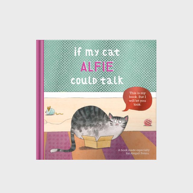 Cat sits in small box; speech bubble reads, 