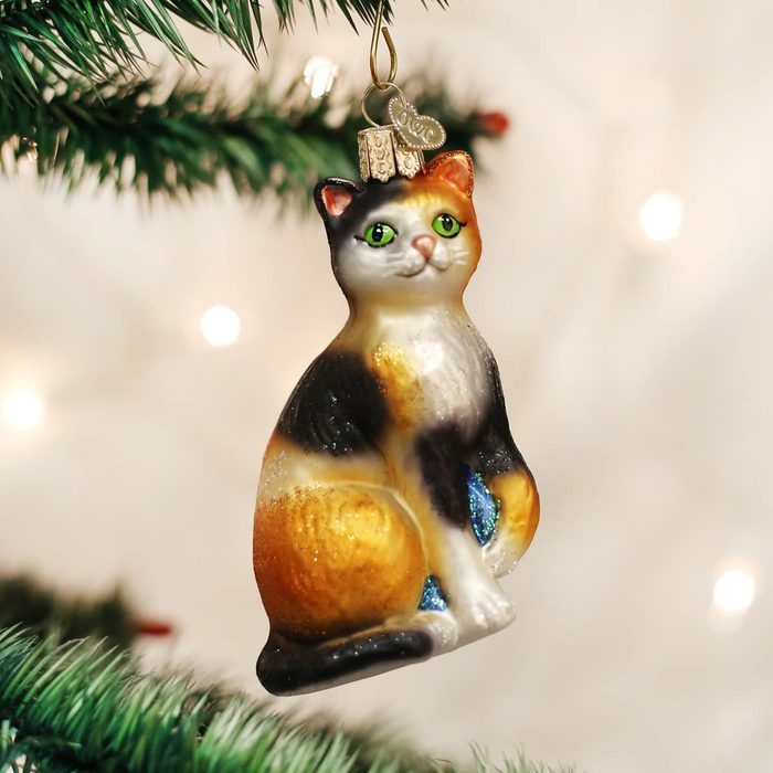 Cat-shaped ornament hangs on a Christmas tree branch, surrounded by blurred lights.