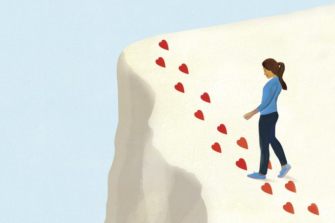 woman following passion off a cliff illustration by ellen weinstein
