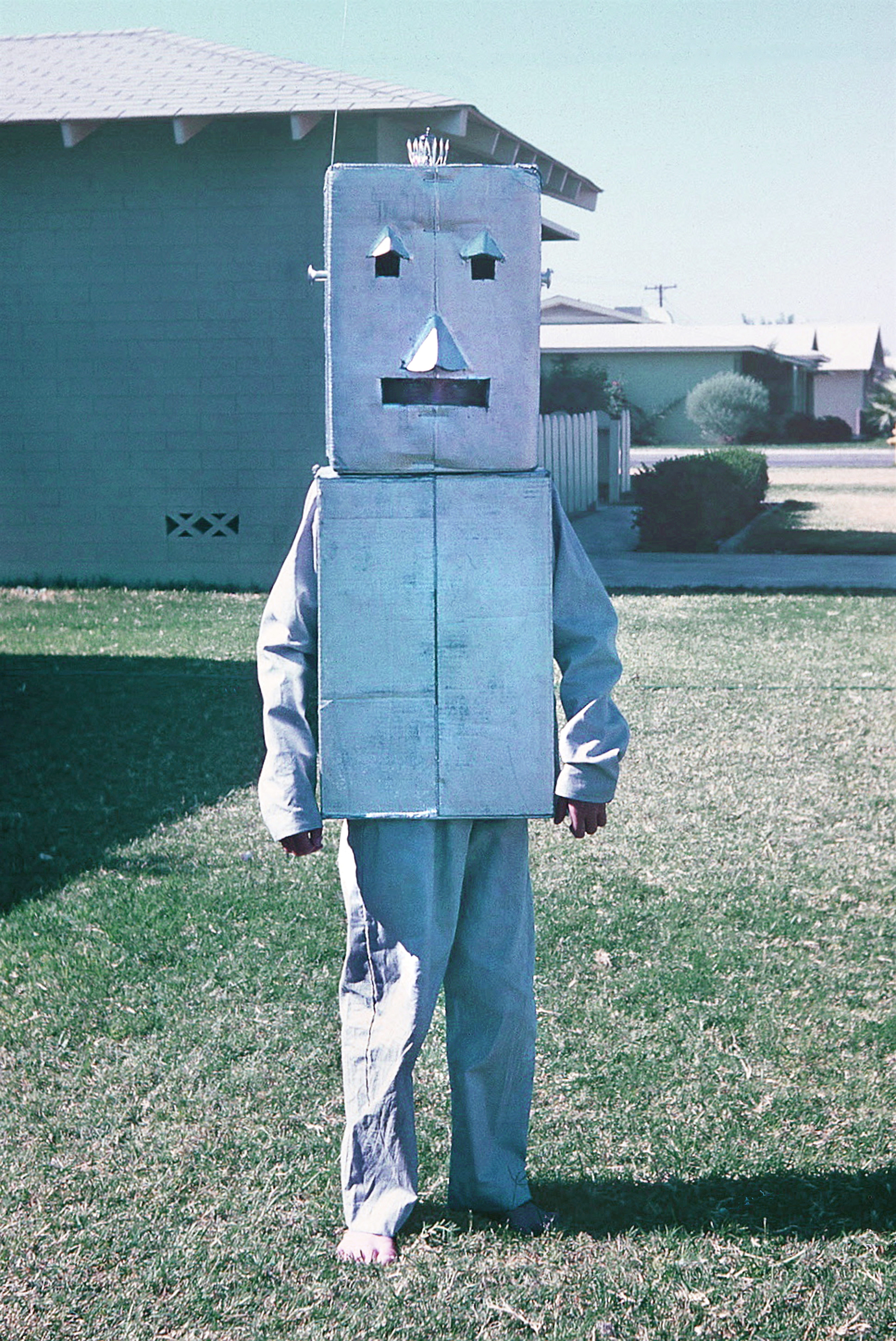 A person in a homemade robot costume stands on grass near a suburban house, with visible facial features on the boxy robot head.