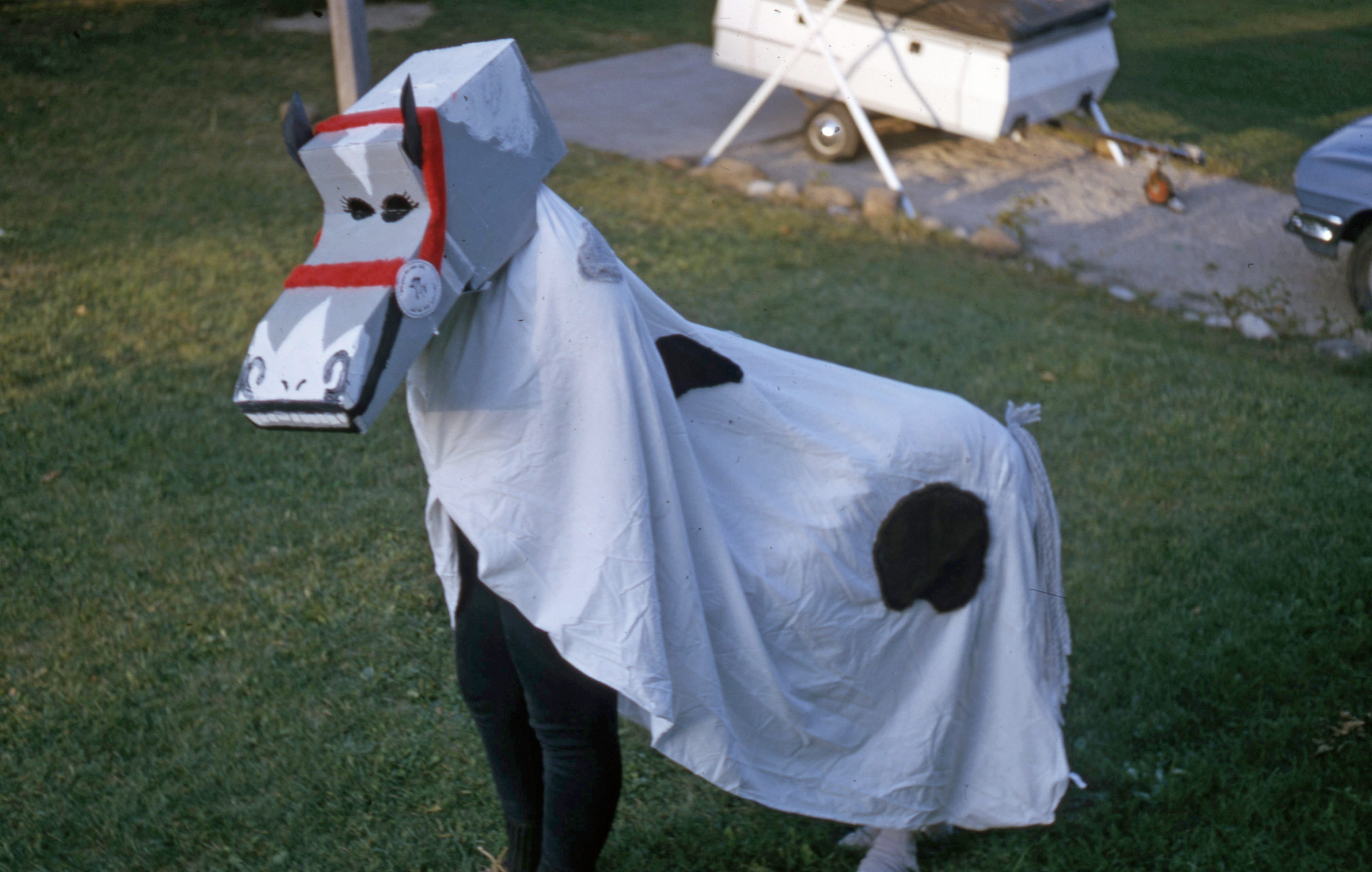 Costumed figure as a cow, standing on grass, with a colorfully painted cardboard head and white sheet body. A trailer is nearby.