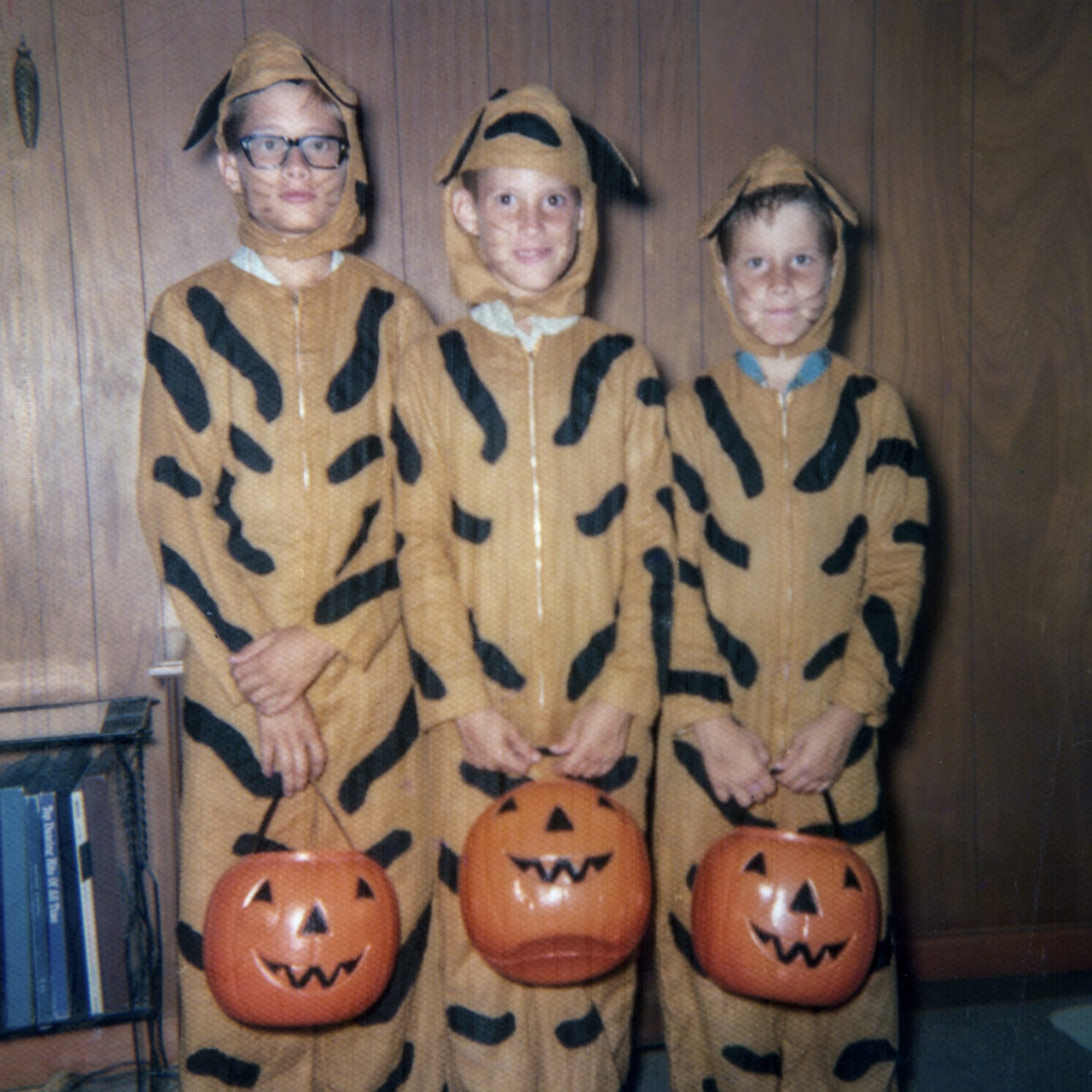 Three children stand wearing tiger costumes, holding pumpkin-shaped buckets, in a room with wood paneling.