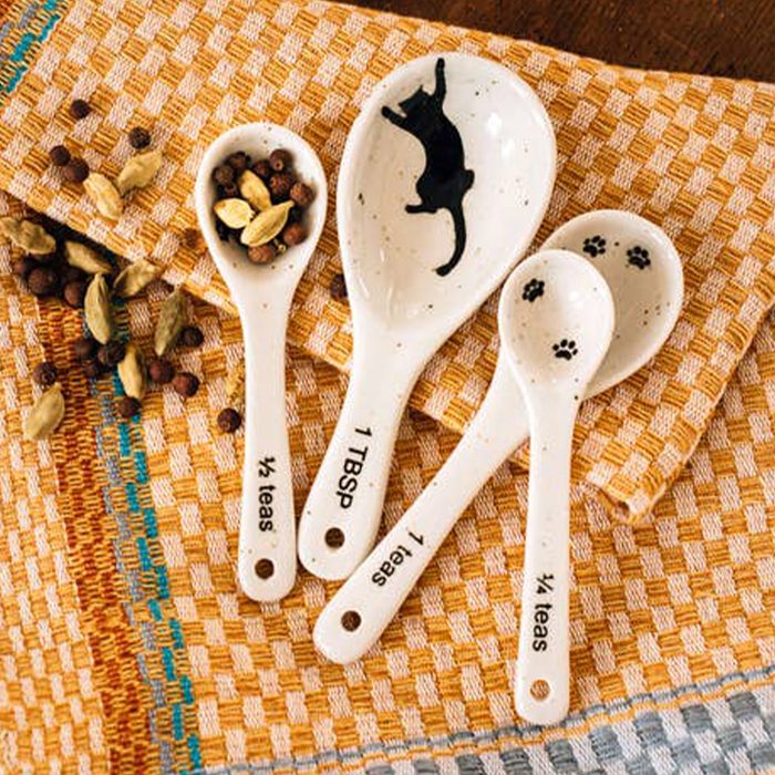 Four ceramic measuring spoons rest on a checkered cloth, adorned with cat silhouettes and paw prints, surrounded by scattered cardamom and peppercorns.