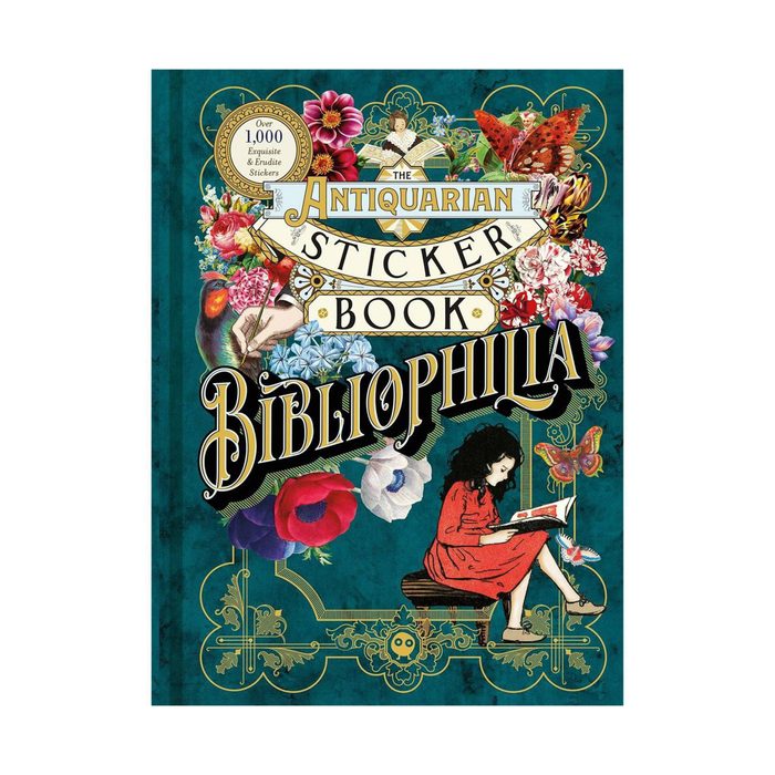 Book cover displays flowers and butterflies surrounding a girl reading. The text reads â€œThe Antiquarian Sticker Book: Bibliophiliaâ€ with over 1,000 exquisite stickers.