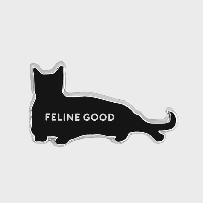 Silhouette of a lounging cat with text 
